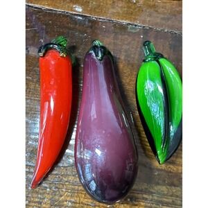Lot of 3 Vtg Murano Style‎ Hand Blown Glass Vegetables Egg Plant And Peppers.